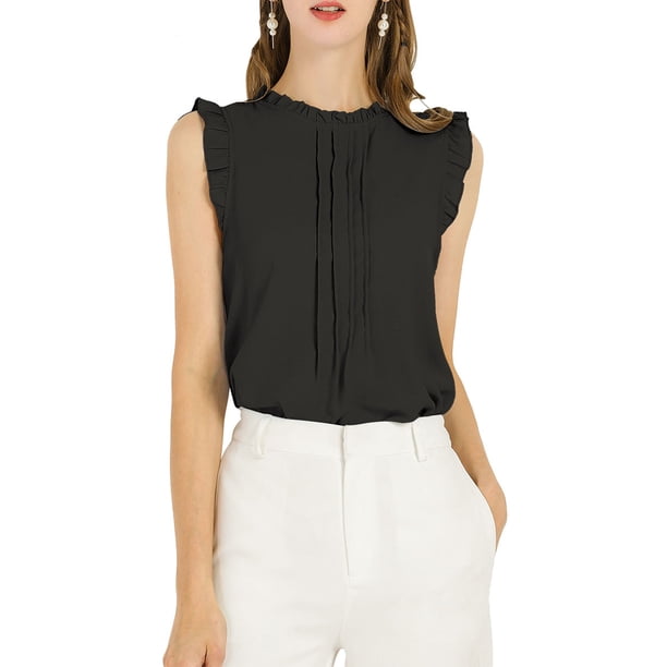 BLUSA SIN MANGAS CHIC PARA MUJERES INSPIRADA, CON VOLANTES Y PLEATS, IDEAL PARA TRABAJAR, TALLA 2XL, NEGRO