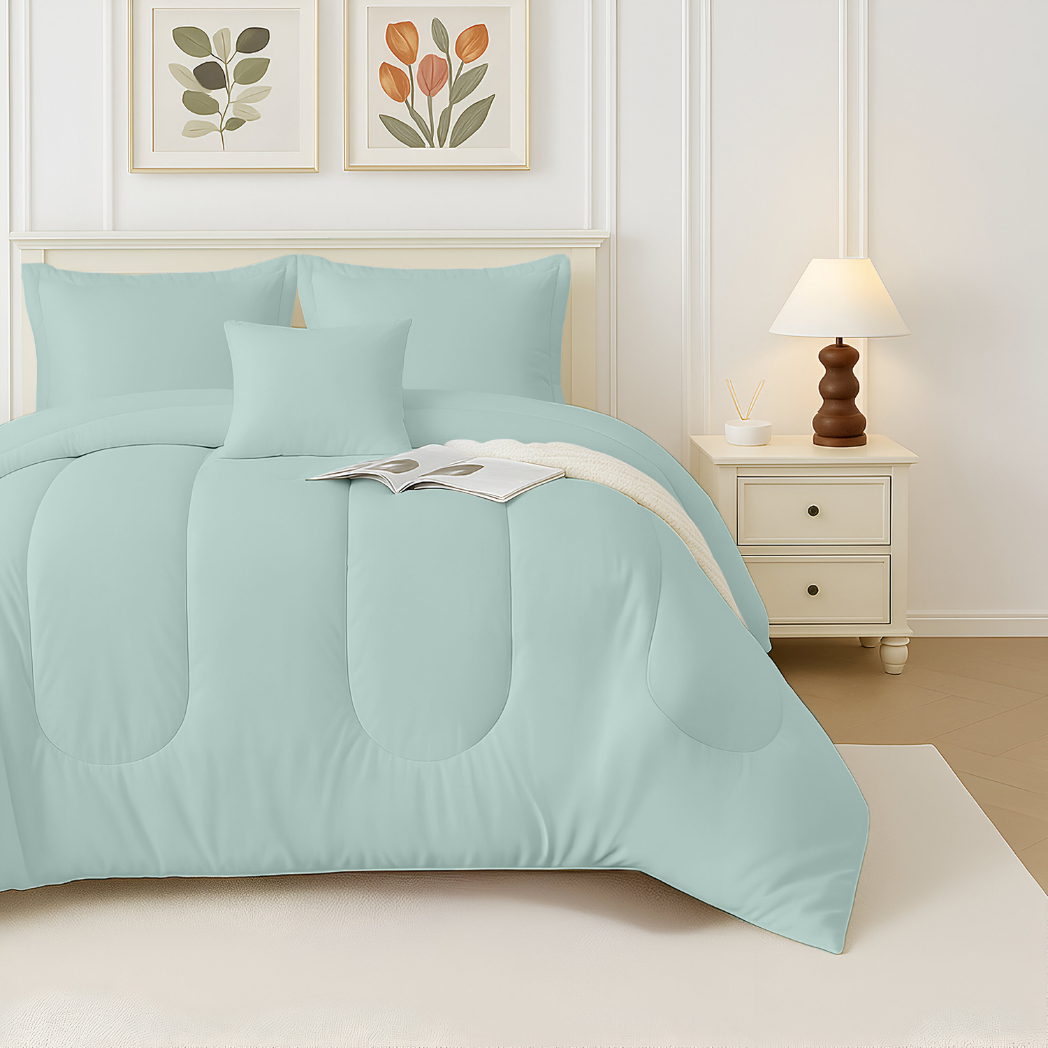 Beddora Ensemble de Lit 5 Pcs – Comprend une Couette, 2 Taies d'Oreiller, un Coussin Décoratif et un Coussin Carré – Ultra-Doux, Toutes Saisons, Grand – Blanc Éclatant
