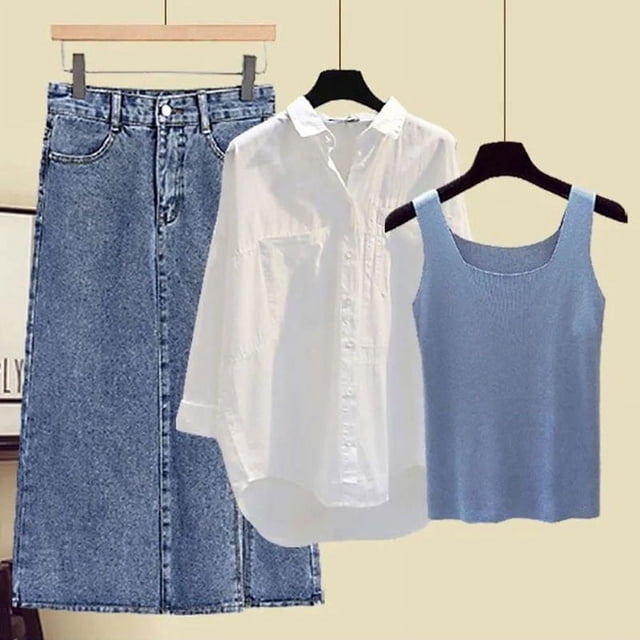 Conjunto de tres piezas de falda para mujer, Top sin mangas con tirantes, camisa de blusa blanca, Falda vaquera de línea A de cintura alta, tres vestidos de verano