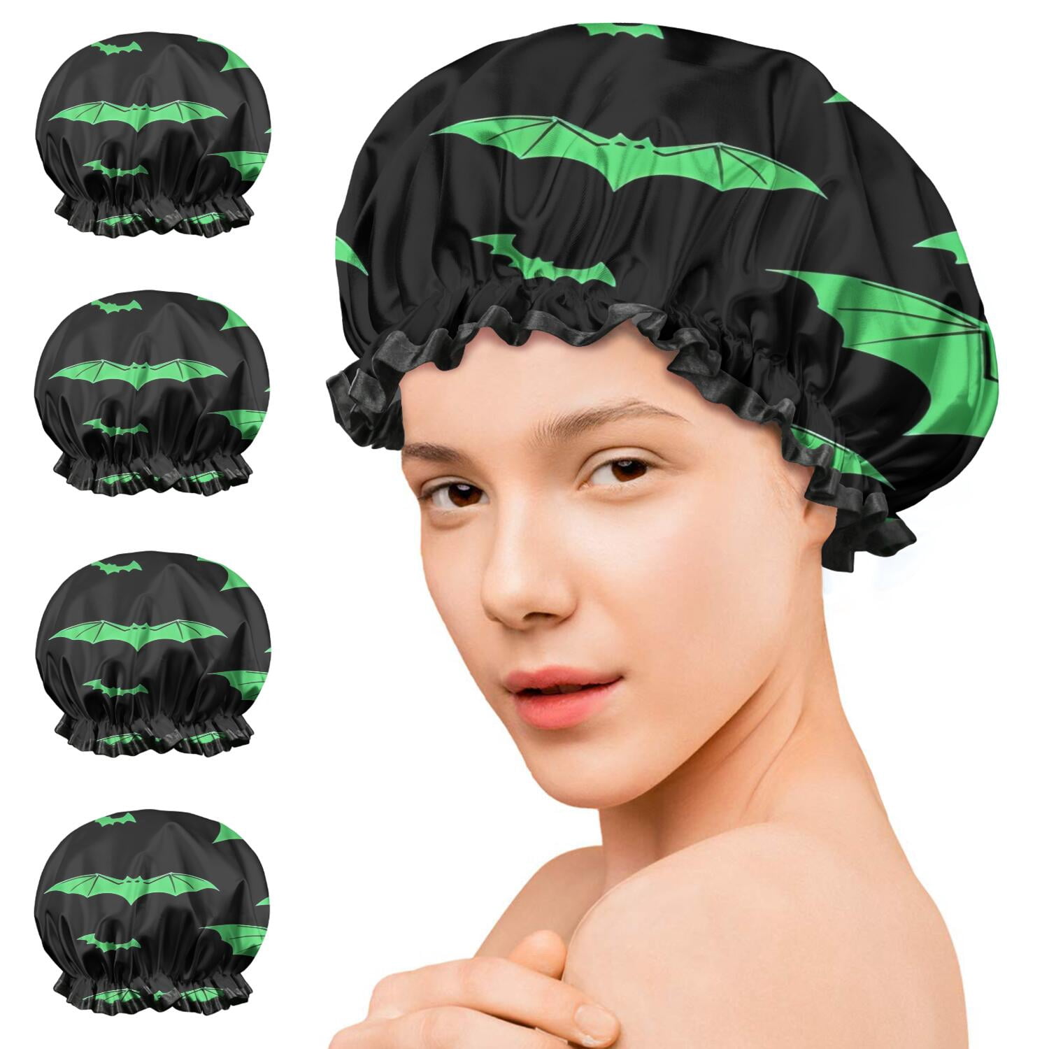 Shower Caps,Black Halloween Bats with Green Waterproof Shower Cap for Women 4 Pieces,Double Reusable Hair Cover for Shower PEVA Elastic Stretch Hem
