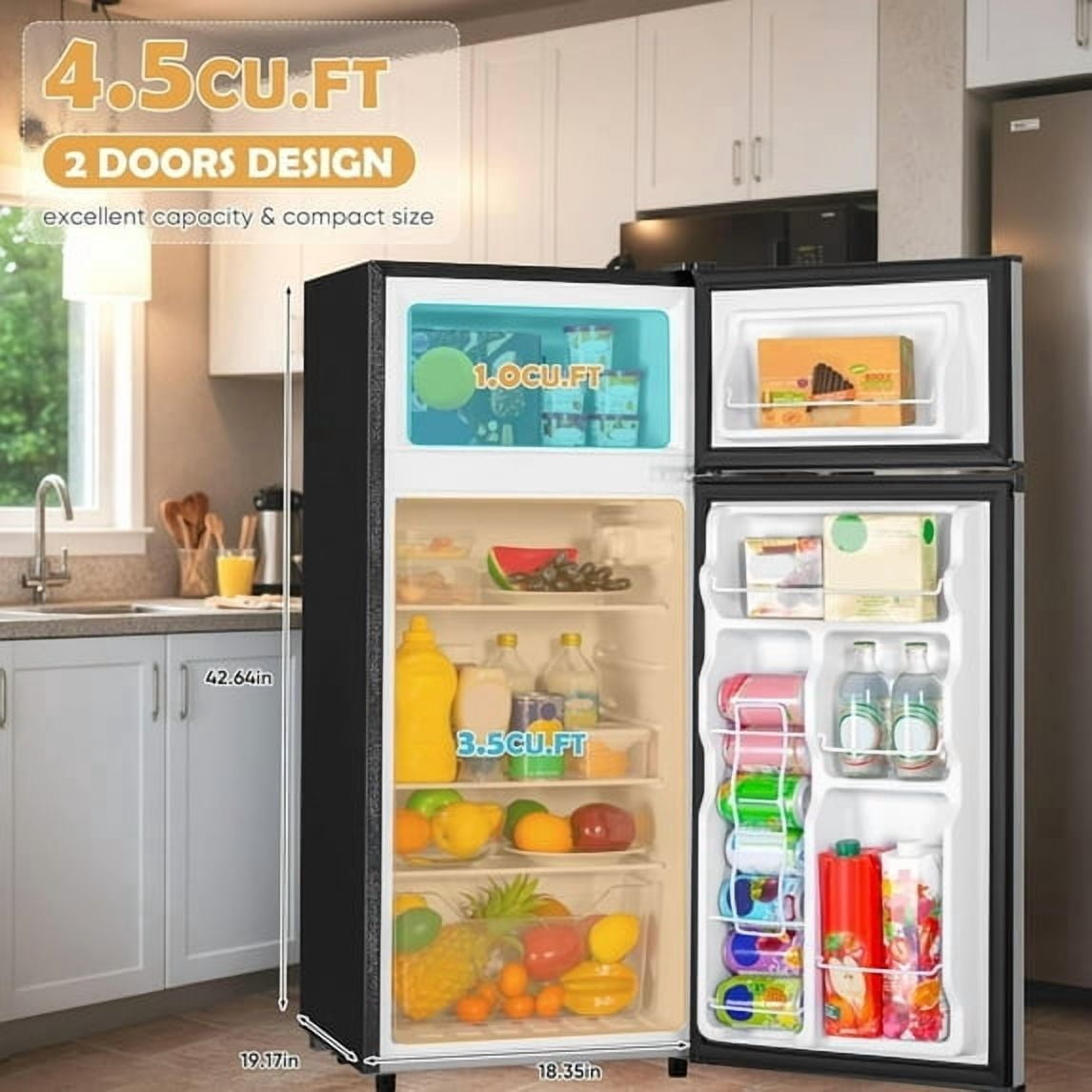 UrbanSync 4.5 Cu.Ft Mini Fridge with Freezer, 7 Temperature Settings, Featuring Adjustable Castors and Shelves, Suitable for Offices and Bedrooms (Silver)