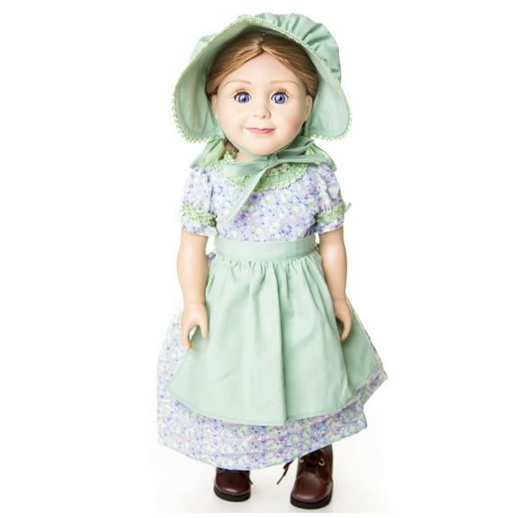 The Queen's Treasures 18 inch Doll Clothes, Little House on the Prairie 3 Piece Purple and Green Calico Summer Dress, Hat, and Apron,  Compatible For Use With American Girl Dolls