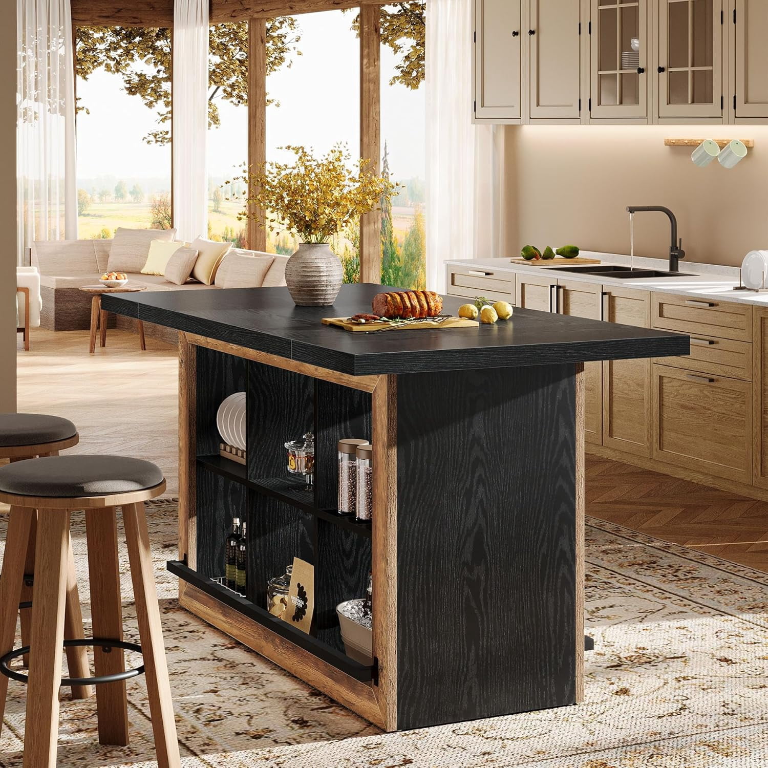 Kitchen Island with Storage, Counter Height Kitchen Island Table with 6 Open Cubbies and Footrests