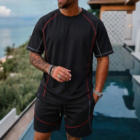 Two Piece Summer Casual Set for Men Short Sleeve Crewneck T Shirt and Shorts Outings Active Weekends Warm Weather Travel Black L