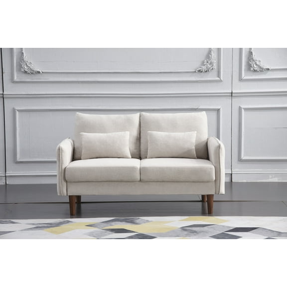 Beige Stationary Fabric Basic Loveseat with Throw Pillows