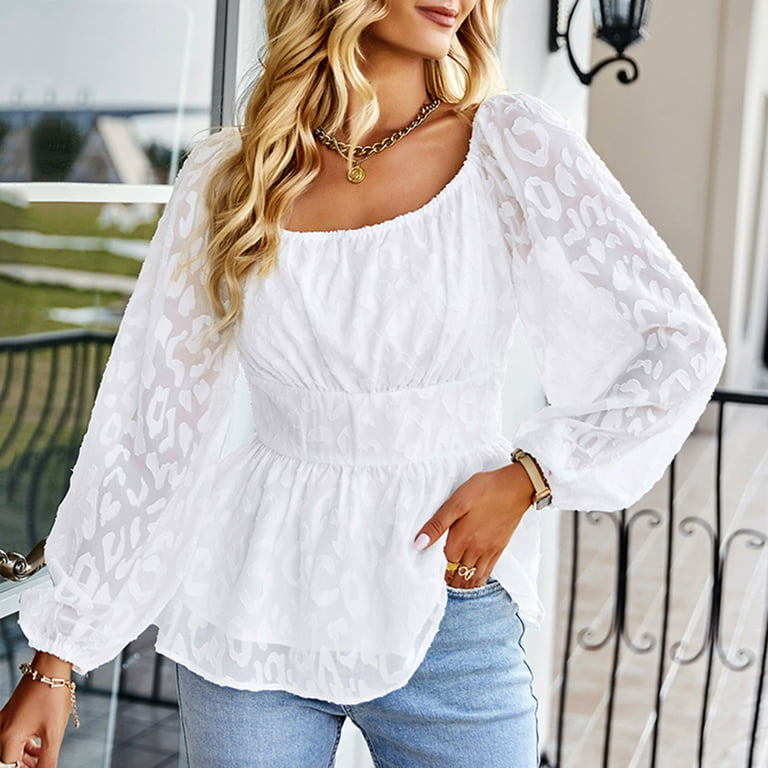 Clearance Hfyihgf Women's Square Neck Smocked Babydoll Tops Long Puff Sleeve  Lace Dressy Blouse Floral Textured Tiered Peplum Shirts(White,S) 