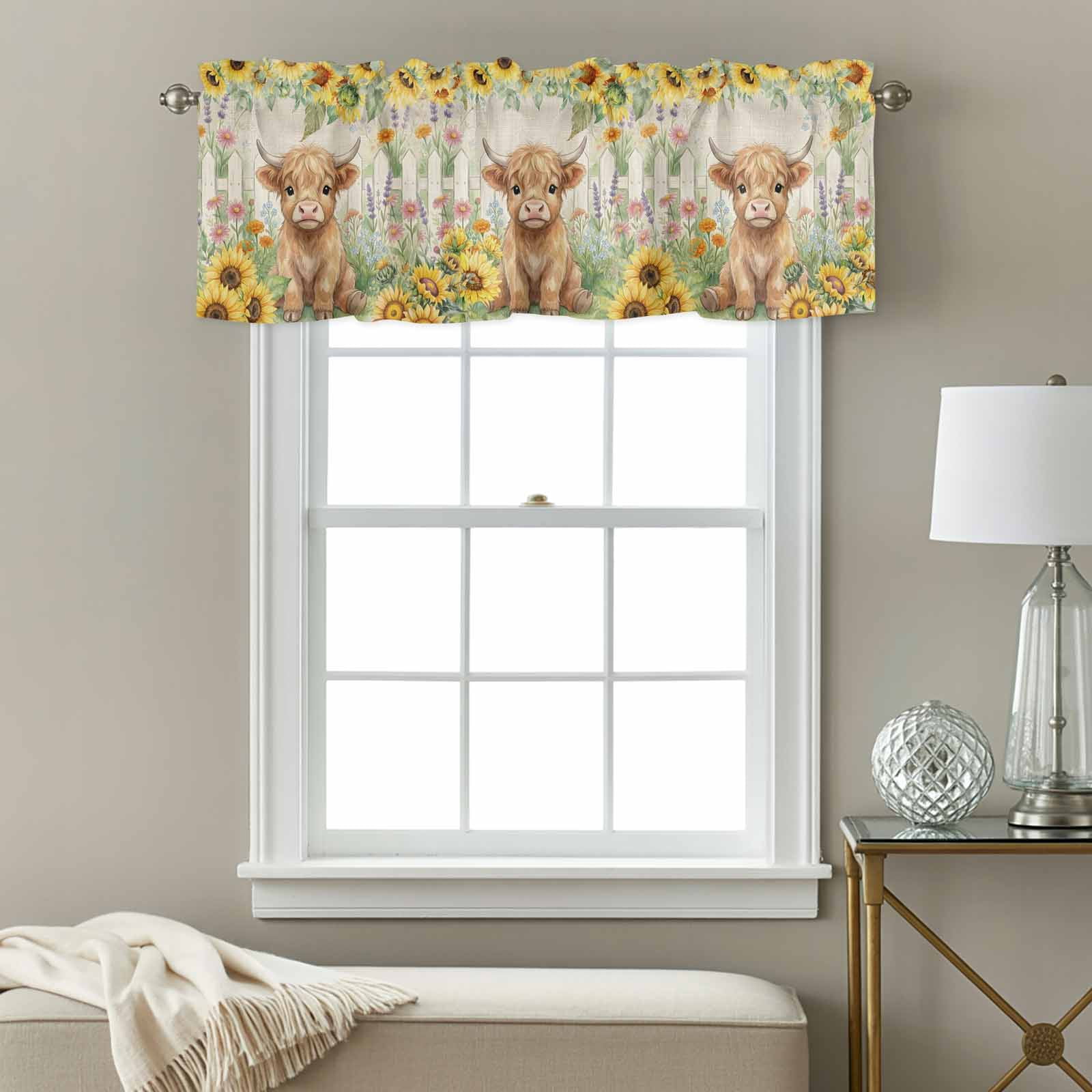 Farm Highland Cattle Valance Curtain for Windows Farmhouse Sunflower Cow Fence Linen Texture Rod Pocket Curtain Valances Short Window Treatments for Kitchen Bathroom Laundry Basement 60 x 18 Inch