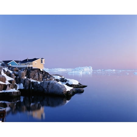 Houses On The Coastline With Icebergs Disko Bay Stretched Canvas - Henning Marstrand  Design Pics (32 x