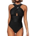 thumbnail image 1 of Traje de baño de una pieza para mujer con fruncido cruzado sobre trajes de baño de playa sólidos, 1 of 6
