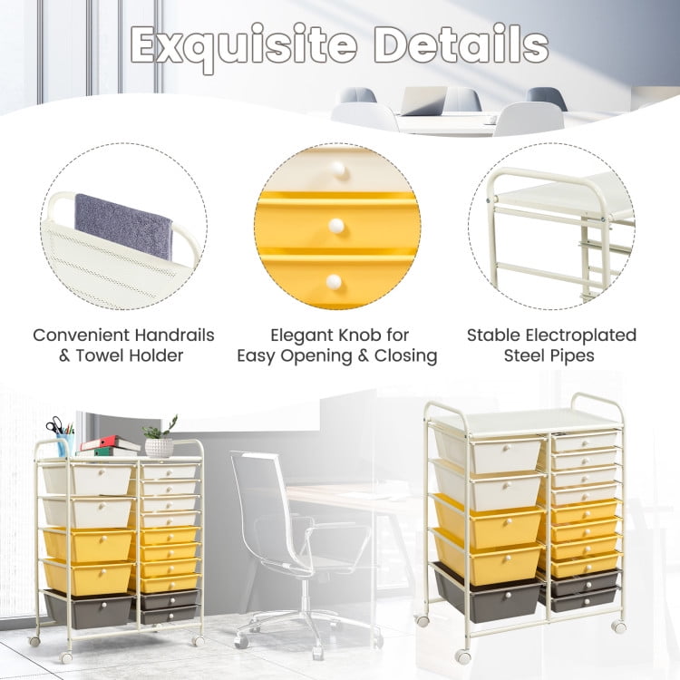Demi Bonn 15-Drawer Utility Rolling Organizer Cart Multi-Use Storage with 4 Universal Casters, Yellow & Beige & Gray