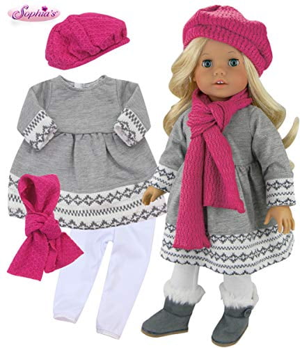 5 pc Mittens and hand knit Scarf Fits 18 AG type doll. Pants Boots Hooded Fleece Jacket Doll Outfit