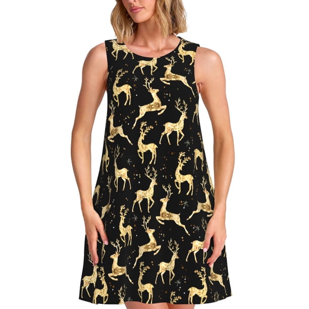 Fotbe Christmas Gold Deers Vestido de Verano sin Mangas para Mujer – Vestido Midi Línea A, Estilo Camiseta Floral, Vestido Playero Casual y Fluido
