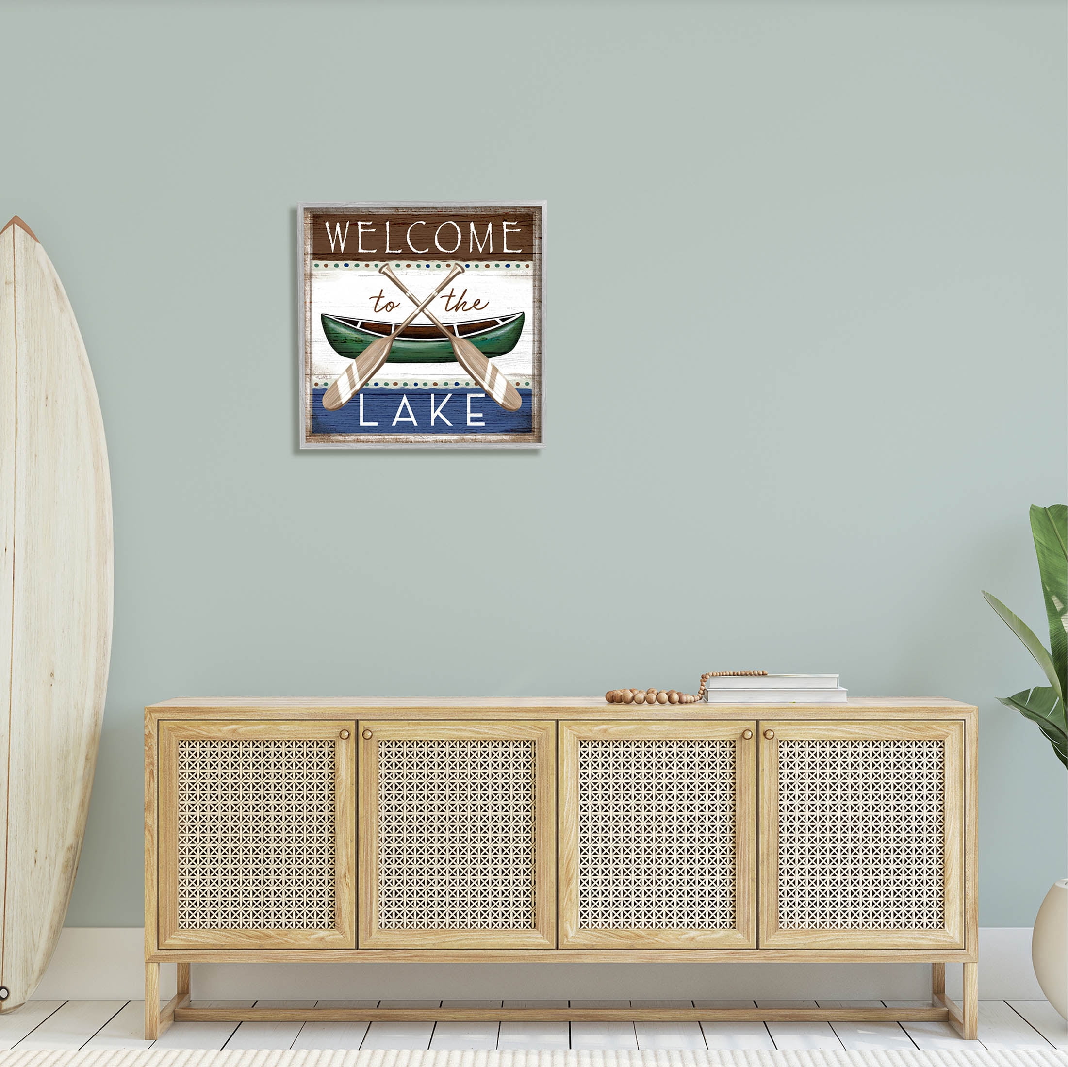 Stupell Industries Rustic Lake Welcome Canoe Sign Graphic Art Gray Framed Art Print Wall Art, Design by Elizabeth Tyndall