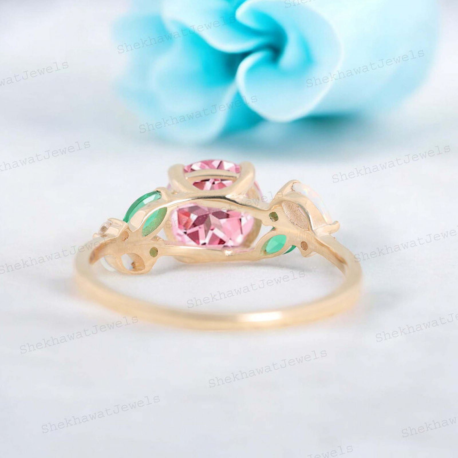 SHEKHAWATJEWELS 6 mm/ 0.75 Round Shape Pink Sapphire Engagement Ring Cluster Opal Emerald Ring For Women Yellow Gold Plated Silver Anniversary Gift For Her