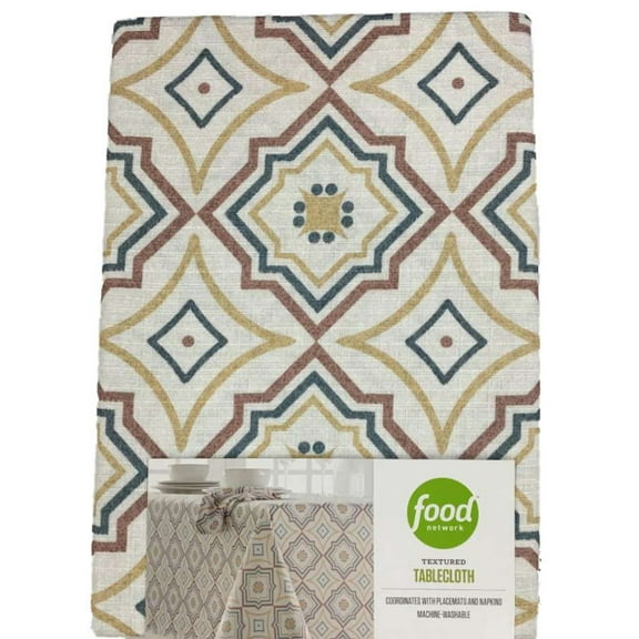 Food Network Teal Rust & Gold Geometric Tablecloth, Fabric Table Cloth 70" Round