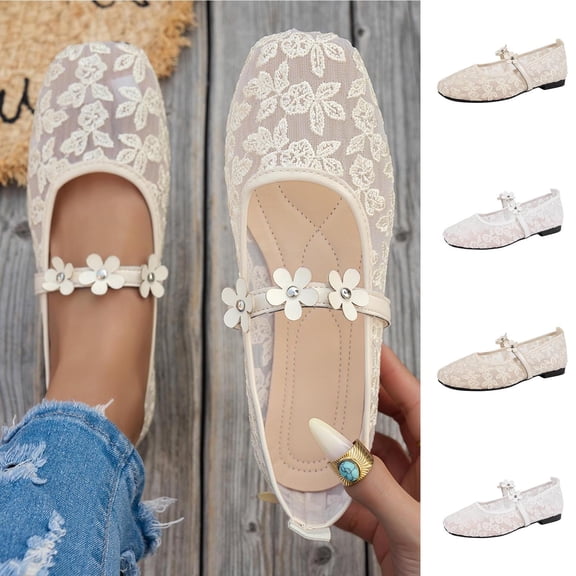 Women Shoes Womens Flats Slip On Mary Jane Ballet Flats for Women Closed Toe Floral Lace Embroidery Flat Shoes 3D Flower Strap Breathable Comfort Walking Loafers Wide Width Women Shoes Casual Dress