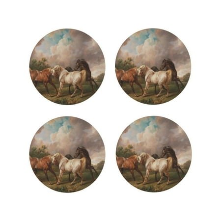 

Matuu Three Horses Oil Painting for Cup Coasters Set of 4 Leather Coasters Desk Coasters for Office Measures 4” x 4”-Round Shape