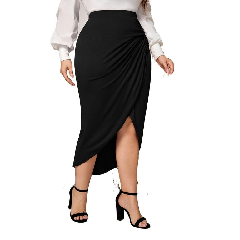 Elegant Solid Asymmetrical Black Plus Size Skirts Women s