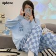 thumbnail image 3 of Pijamas de algodón con dibujos animados para mujer, ropa de dormir Coreana de manga larga, pantalones largos con cuello redondo, con estampado de conejo bonito, novedad, 3 of 3