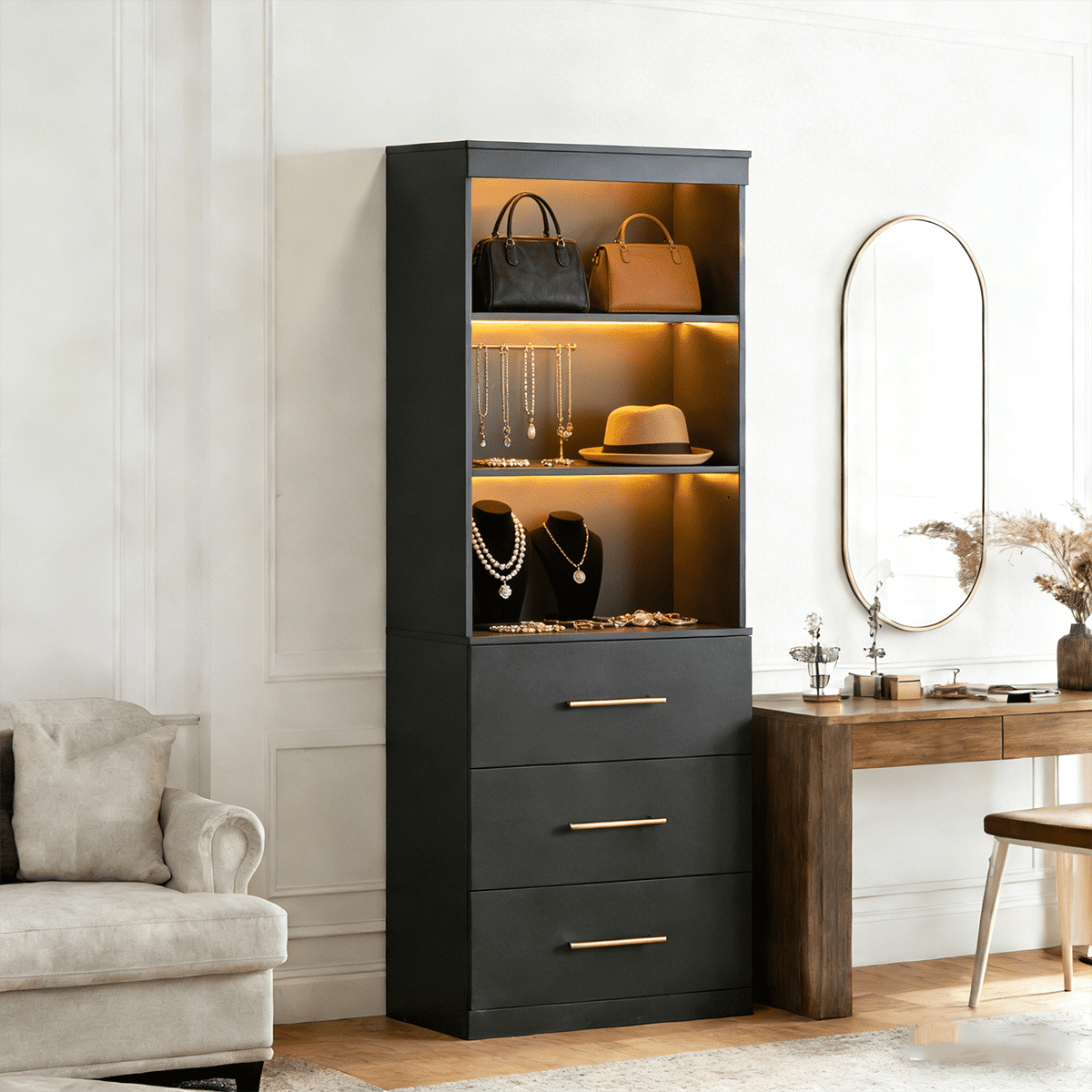 Frmobepts 71" Tall Bookcases with 3 Large Drawers & 3 Shelves, Wooden Bookshelf for Living Room Office, Black