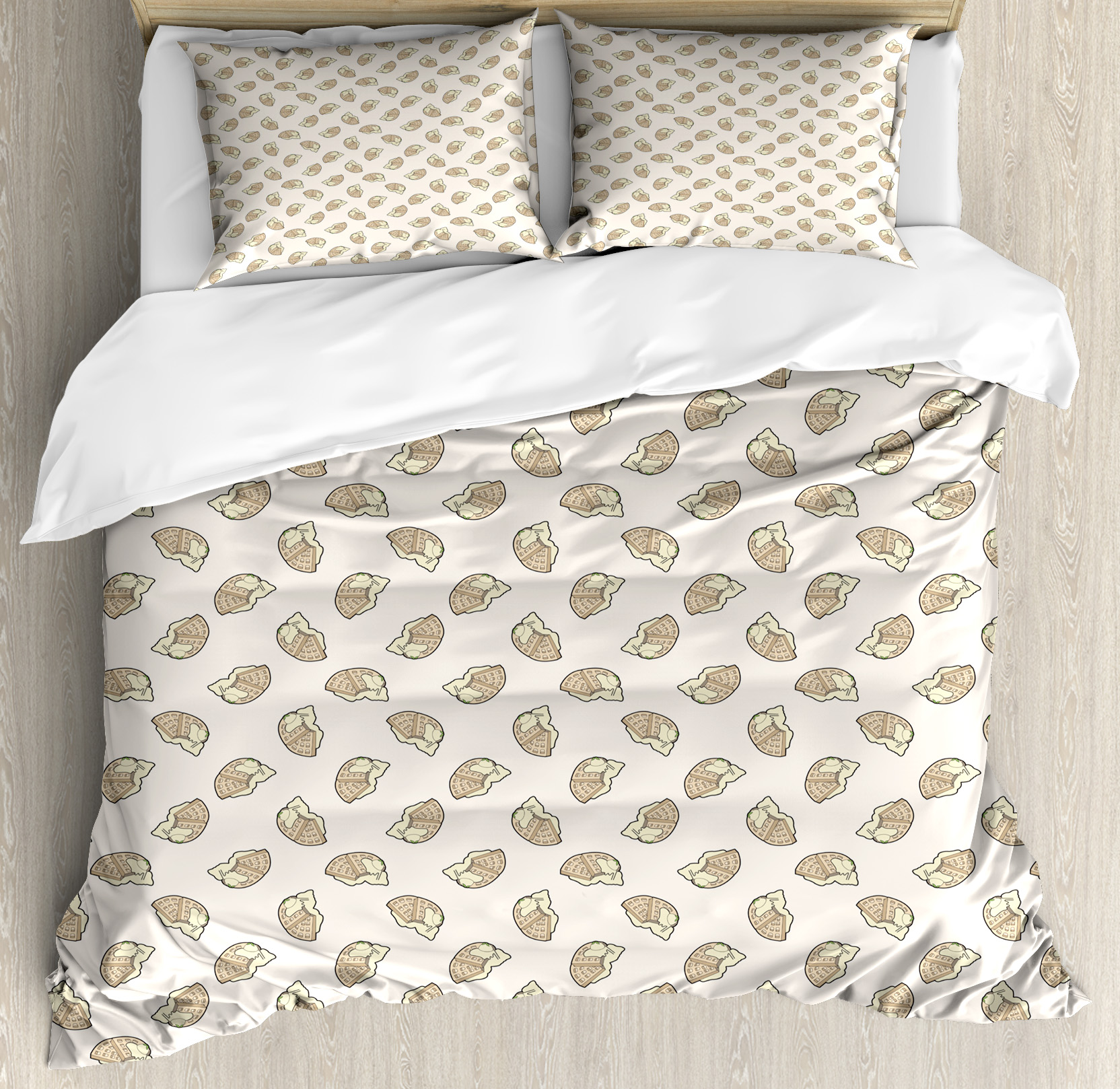 Waffle King Size Duvet Cover Set, Delicious Breakfast Food with Creamy Sweet Topping Dessert