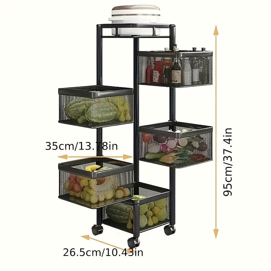5 Tier Rotating Kitchen Storage Shelf, Metal Fruit Vegetable Storage Basket Multi-Layer Vegetable Rack Storage Trolley on Wheels, Floor-Standing Basket for Kitchen Bathroom, Square