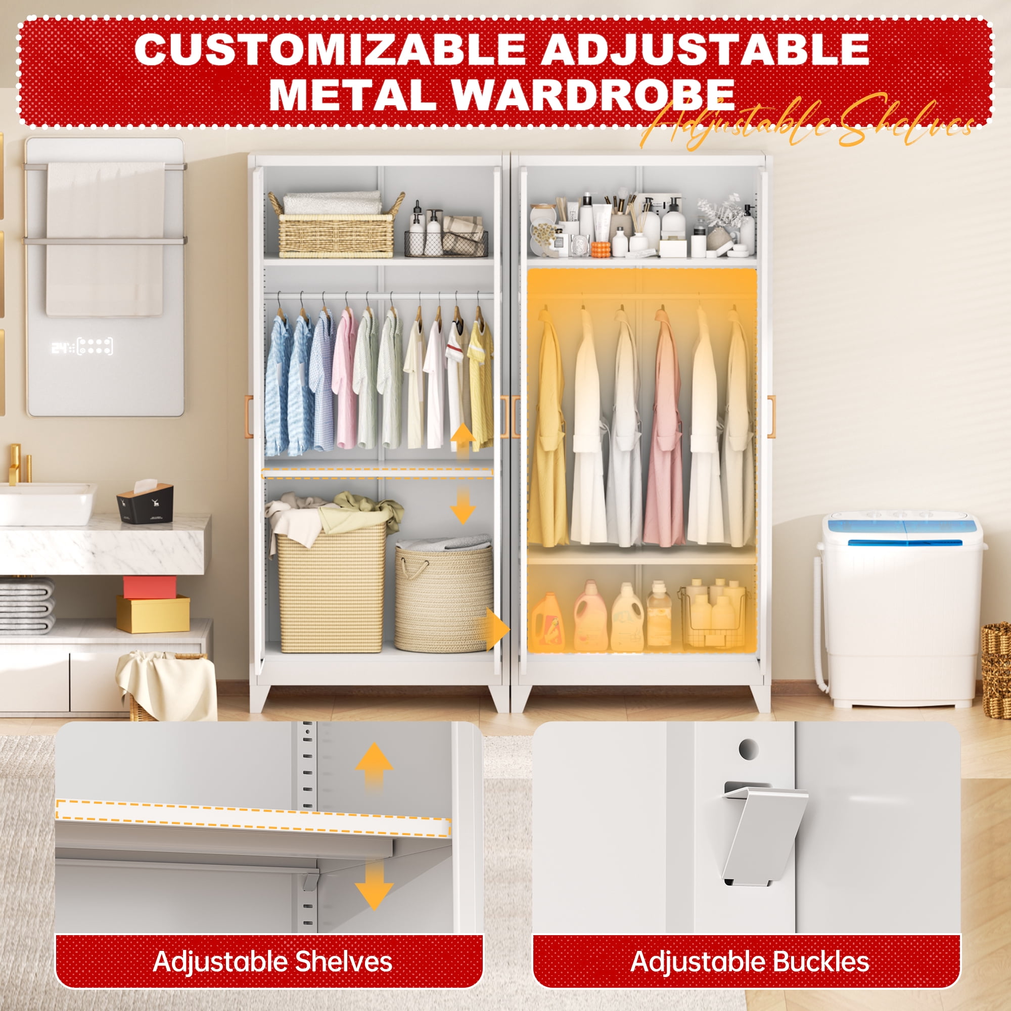 SUNCROWN Metal Wardrobe Cabinet with Wooden Handle, 72" Metal Wardrobe Closet with Hanging Rods and Adjustable Shelves, Steel Storage Locker Closet for Home, Office, Employee, Gym (White)