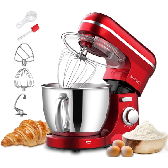Shaiwei 7 Qt 660W Tilt Head Kitchen Stand Mixer for Home Baking, Red