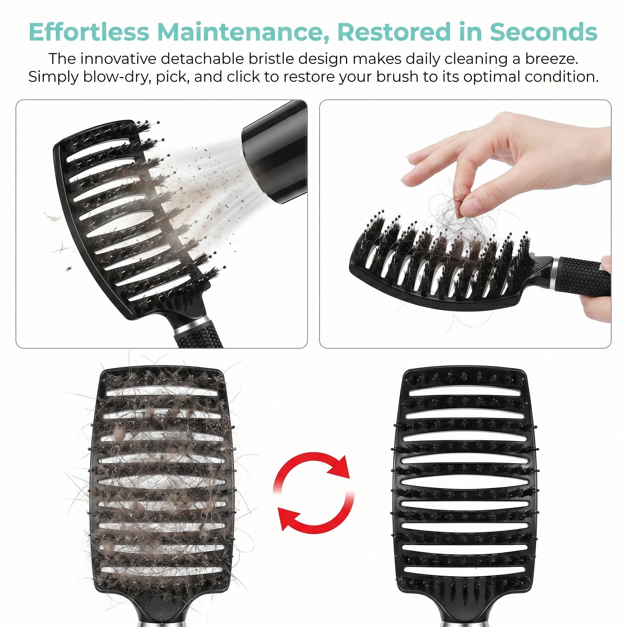 YEMNPIOS Boar Bristle Detangling Brushes, Curved Vented for Dry Wet Curly Thick Straight Hair, 9 Pcs Bulk