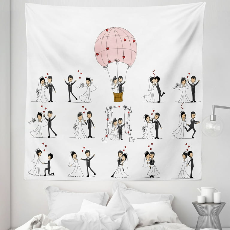 Wedding Tapestry Bride and Groom Wedding Pictures in Comic Book Style Honeymoon Celebration Fabric Wall Hanging Decor for Bedroom Living Room Dorm 5 Sizes White Black Pink by Ambesonne Walmart