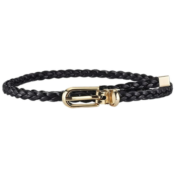 SWSMCLT Women's Fashion Belt Buckle Holeless Cute Faux Leather Braided Belt Metal D Ring Summer Skinny Tie Belt Black Small-X-Large