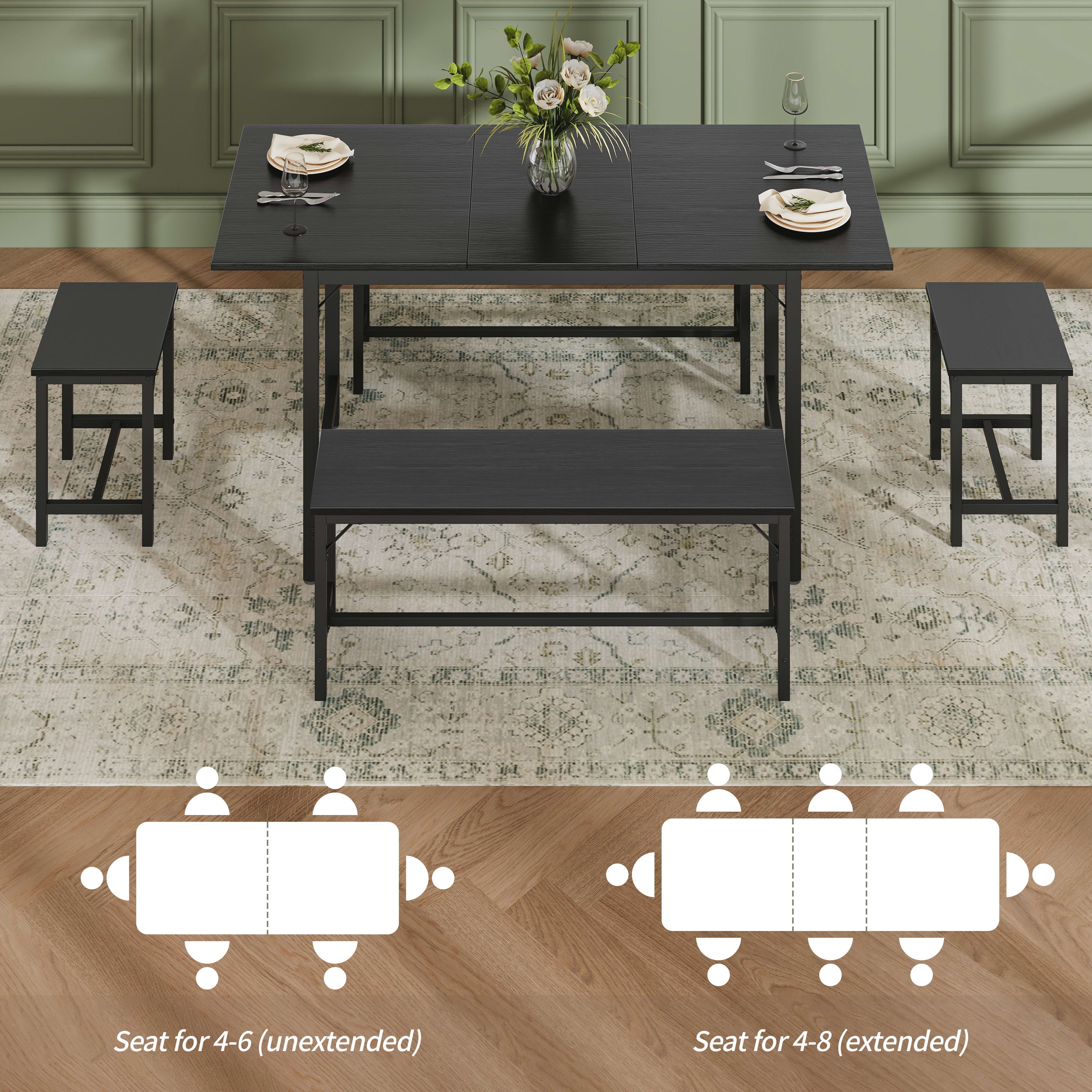 Aukfa 63" Extendable Dining Table Set for 4-8, 3-Piece Kitchen Table Set with 2 Benches & 2 Stools, Space Saving Wood Table & Metal Frame,Black