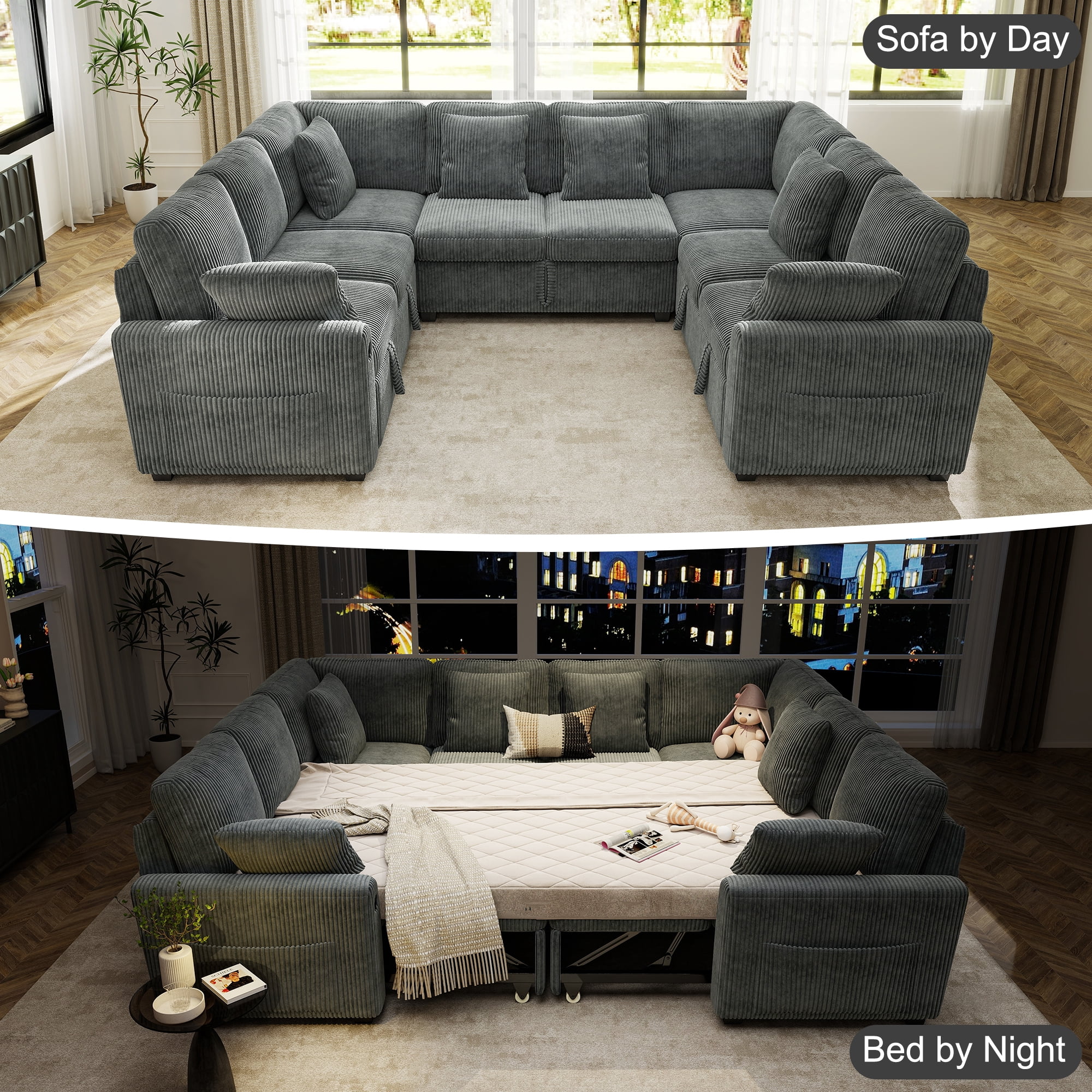 BedLuxury 110" Sectional Sleeper Sofa with Pull Out Bed, Storage Seat & USB Charging, U Shaped Modern Couch for Living Room, Corduroy Gray