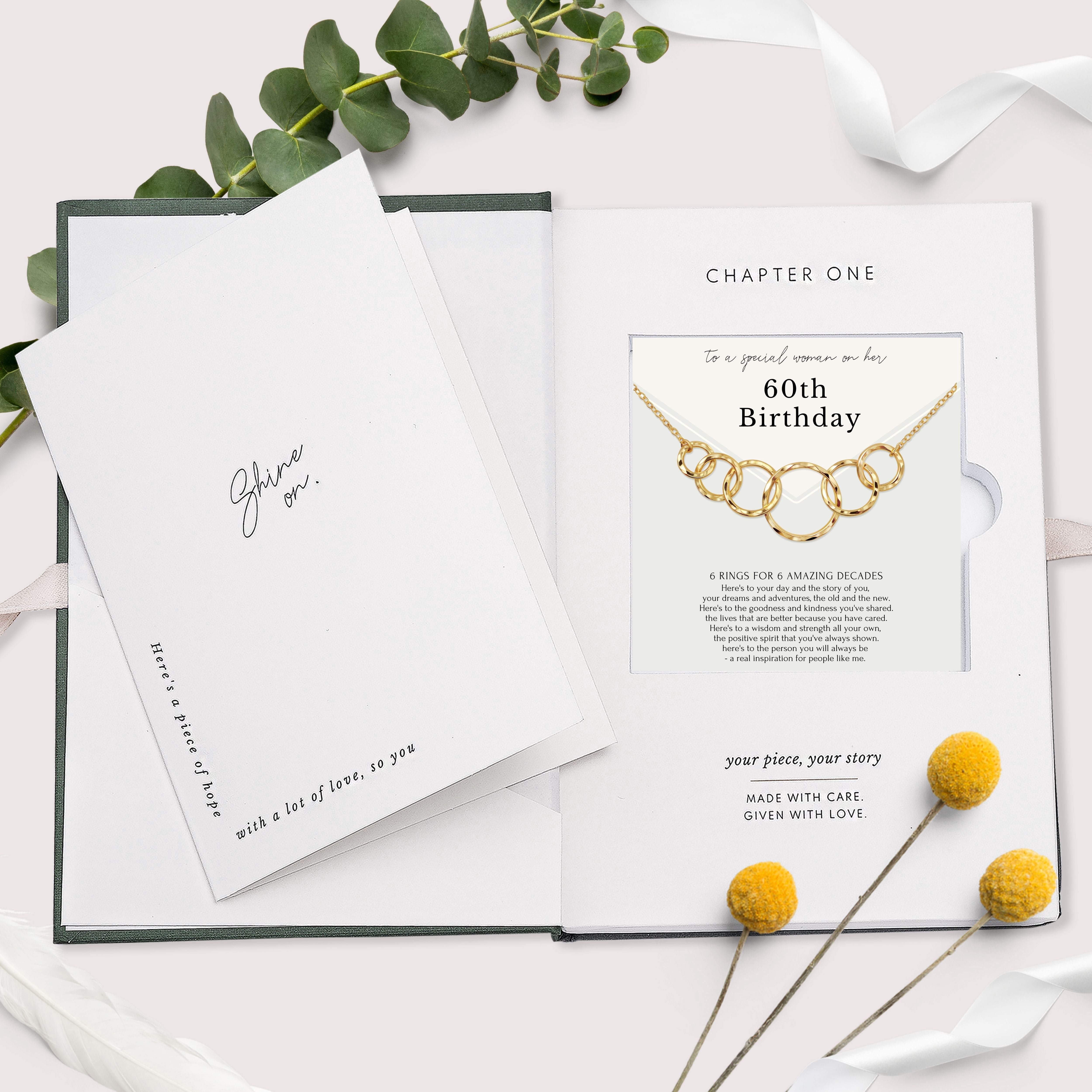 HOPE LOVE SHINE 60th Birthday Gold Necklace – 6 Ring Six Decades Gift for Her