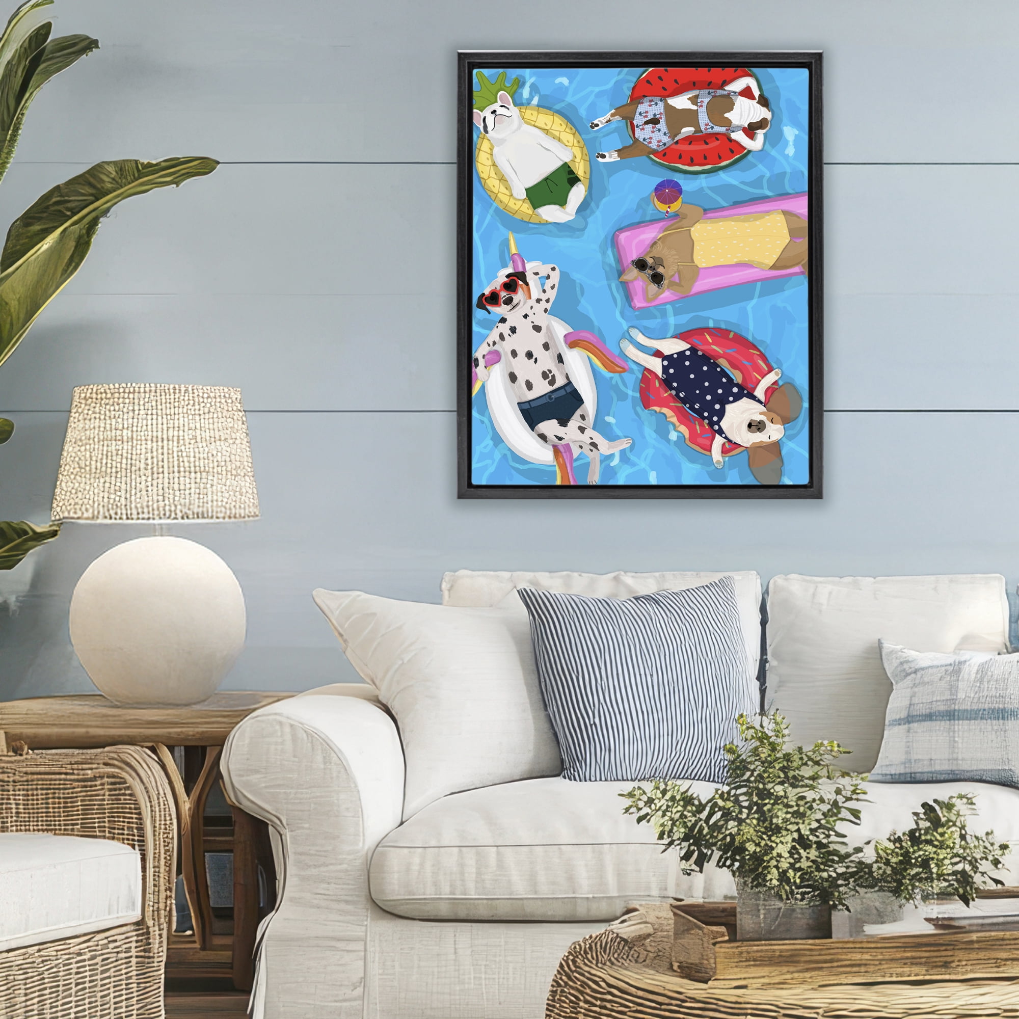 Stupell Industries Summer Sunbathing Dogs Black Framed Floater Canvas Wall Art, design by Hanna Melin