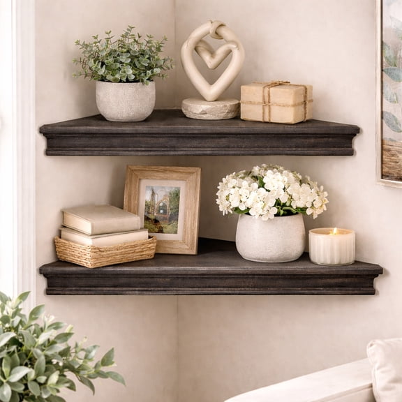 American Art Decor Rustic Wood Floating Corner Shelves - Black - Set of 2