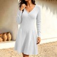 thumbnail image 3 of Tqcoqu Dresses for Women Long Sleeve Button V Neck Lightweight Ribbed Knit Casual Babydoll A Line Swing Flared Fall Dresses, 3 of 8