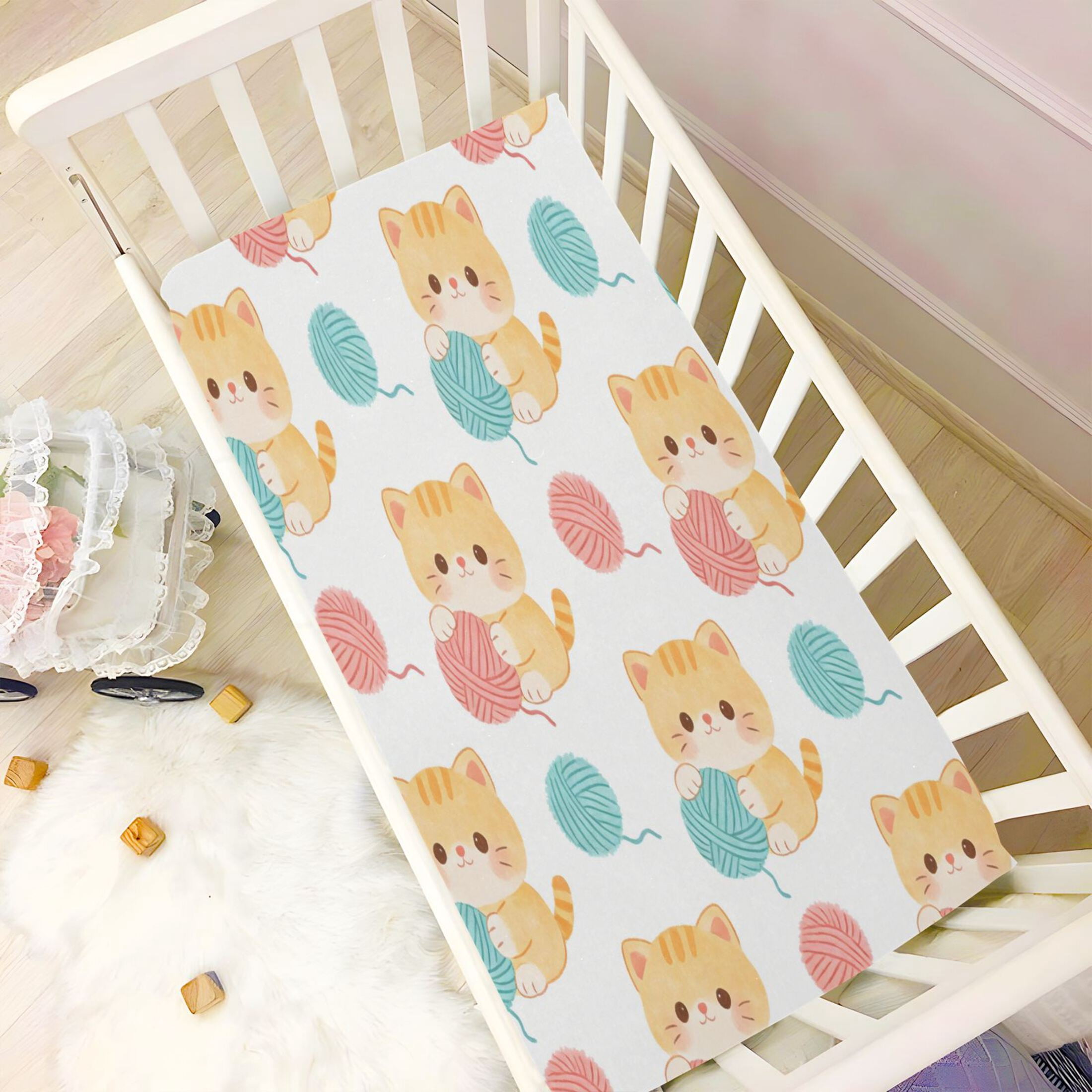 Baby Essentials 52”x 28”- Standard Cotton-like Modal Elastic- Cute Kitten Pattern Design Crib Sheets for Newborns and Toddlers