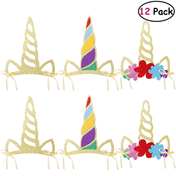 KAKOWELY 12 piezas de sombreros de fiesta de cuerno de unicornio con purpurina para niños, suministros para cumpleaños, baby shower, fiesta temática de unicornio