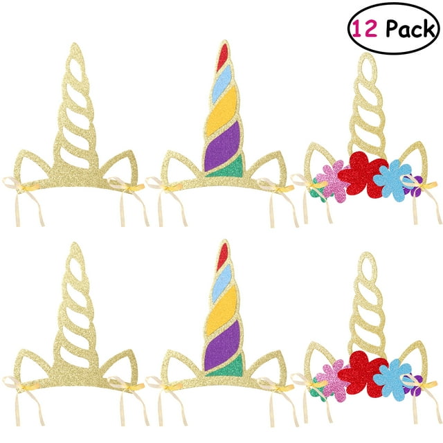 KAKOWELY 12 piezas de sombreros de fiesta de cuerno de unicornio con purpurina para niños, suministros para cumpleaños, baby shower, fiesta temática de unicornio