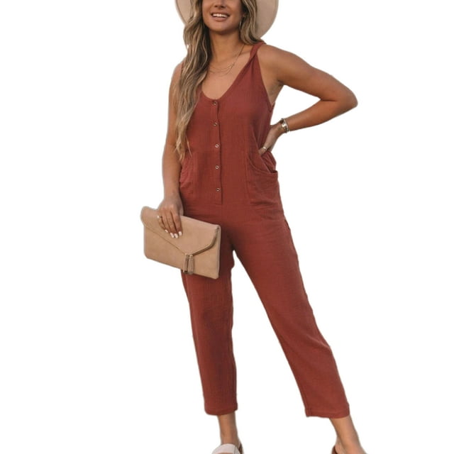 Innerwin Rompers Buttons Women Jumpsuit Work Plain Baggy Overalls Red L