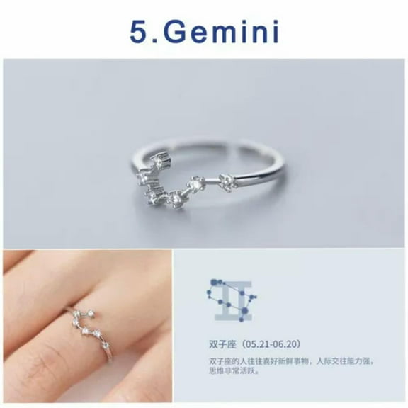 EOEMY Women Zircon 12 Constellations Zodiac Sign Silver Plated Open Rings Adjustable-Gemini