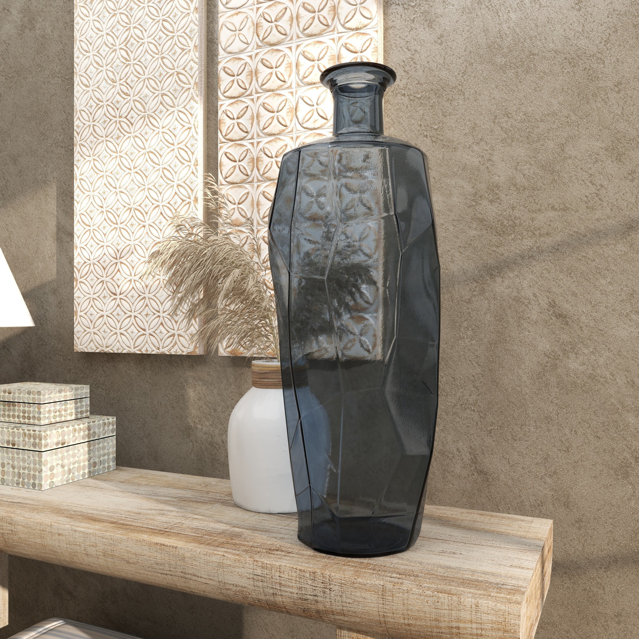 DecMode 29" Handmade Tall Spanish Bottle Neck Faceted Blue Recycled Glass Vase