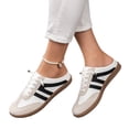 thumbnail image 5 of Women's Striped Canvas Slip On Sneaker Mules, Backless Casual Lace Up Flat Loafers Low Top Walking Shoes With Comfortable Cushioned Insole Durable Rubber Sole Everyday Wear,White 8.5, 5 of 6