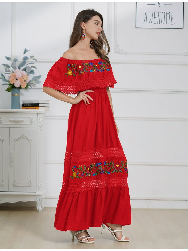 IDOPIP Women Mexican Dress Off Shoulder Floral Embroidered Long Maxi Dress  Traditional Fiesta Dresses