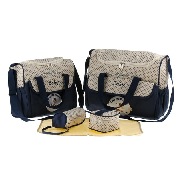 5PCS Baby Changing Diaper Nappy Bag Mum Handbag Multi-functional Bottle Holder Dark Blue