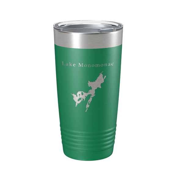 Lake Monomonac Map Tumbler Travel Mug Insulated Laser Engraved Coffee Cup Massachusetts New Hampshire 20 oz Green