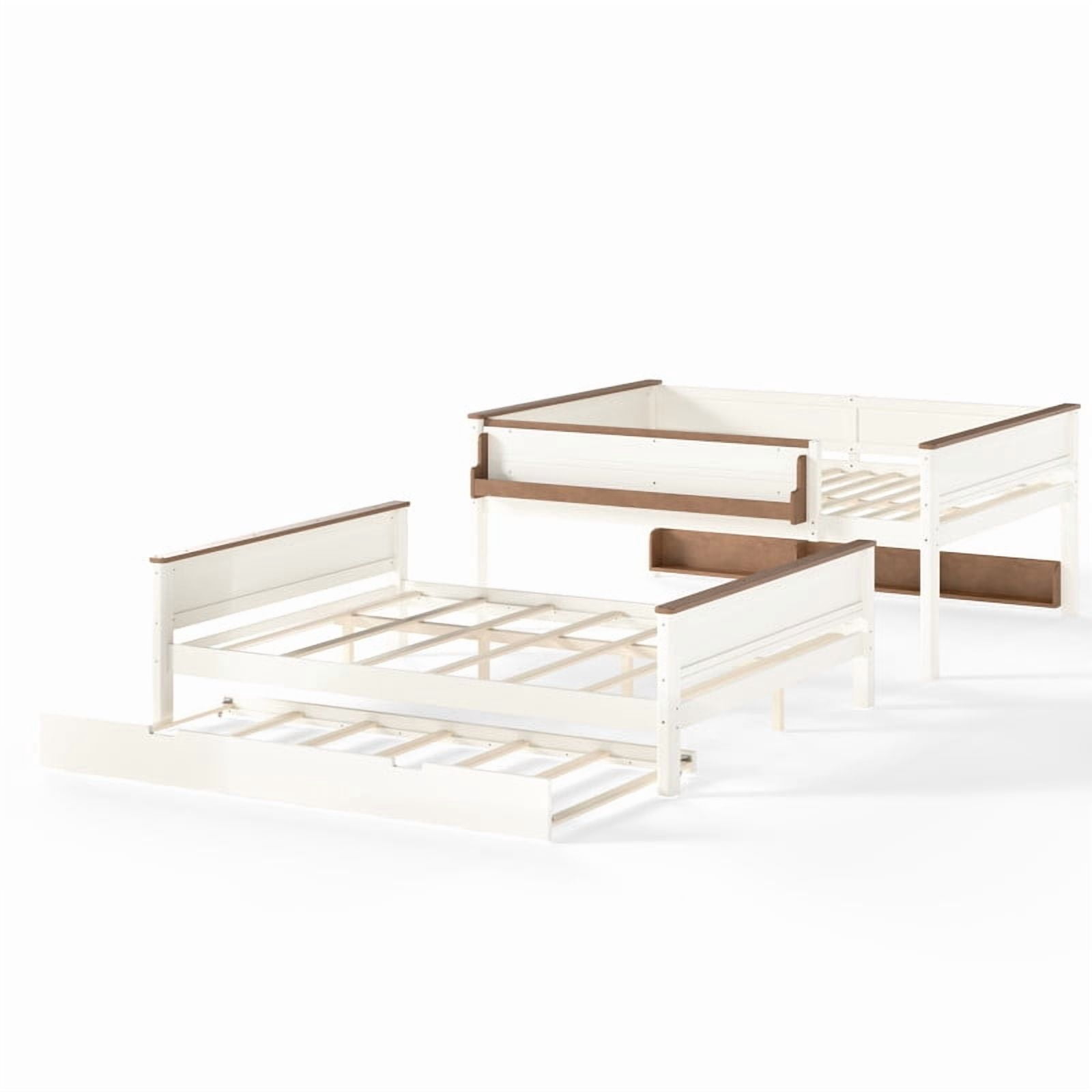 Queen-Over-Queen Wooden Bunk Bed Frame with Trundle, Detachable Bed Convertible Into 2 Platform Beds, Kids Storage Bed with Shelf
