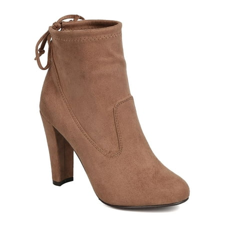 GK08 Women Faux Suede Almond Toe Drawstring Chunky Heel Bootie GK08 Women Faux Suede Almond Toe Drawstring Chunky Heel Bootie