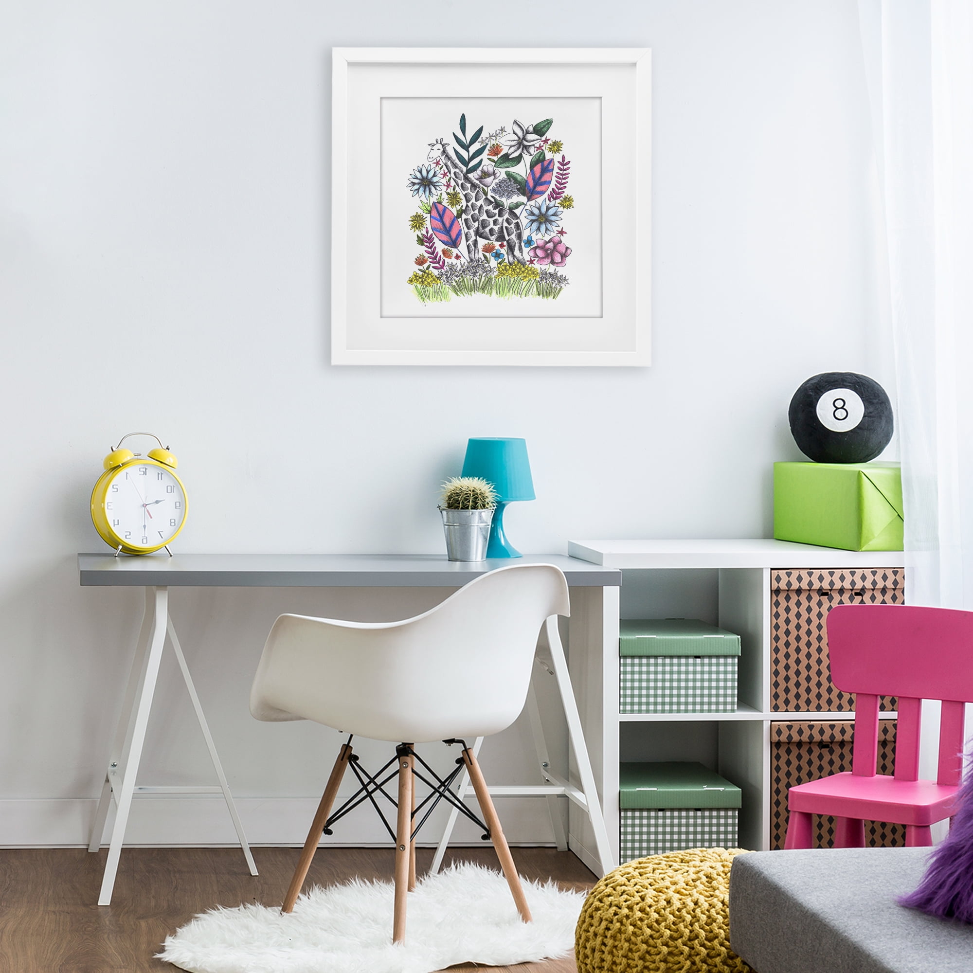 Giraffe in Midst of Flowers White Framed Print Under Glass, design by Cecilia Battaini